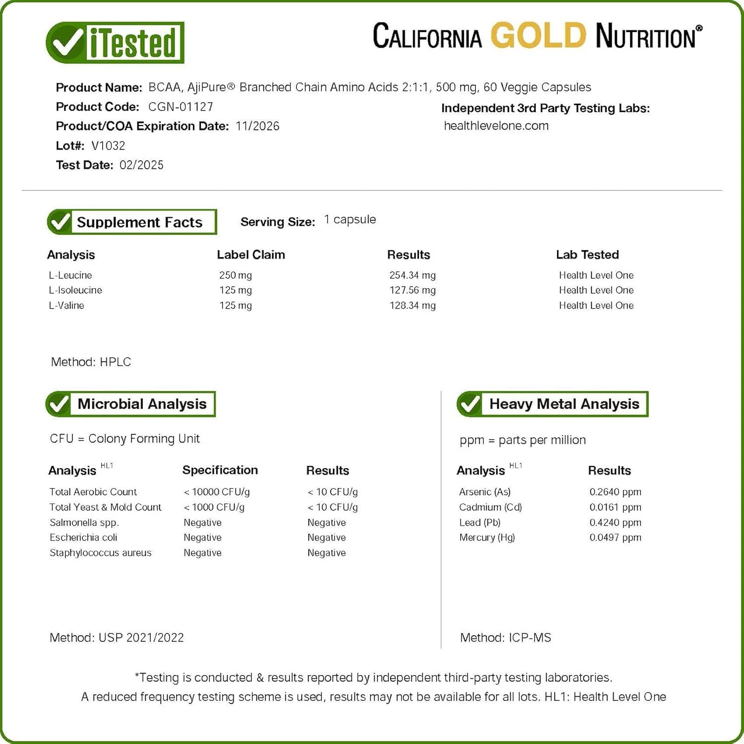 California Gold Nutrition BCAA, Ajipure® Branched Chain Amino Acids 2:1:1 with L-Leucine, L-Isoleucine, and L-Valine, 500 Mg, 60 Veggie Capsules